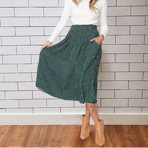 High Waisted Polka Dot Pleated Midi Skirt